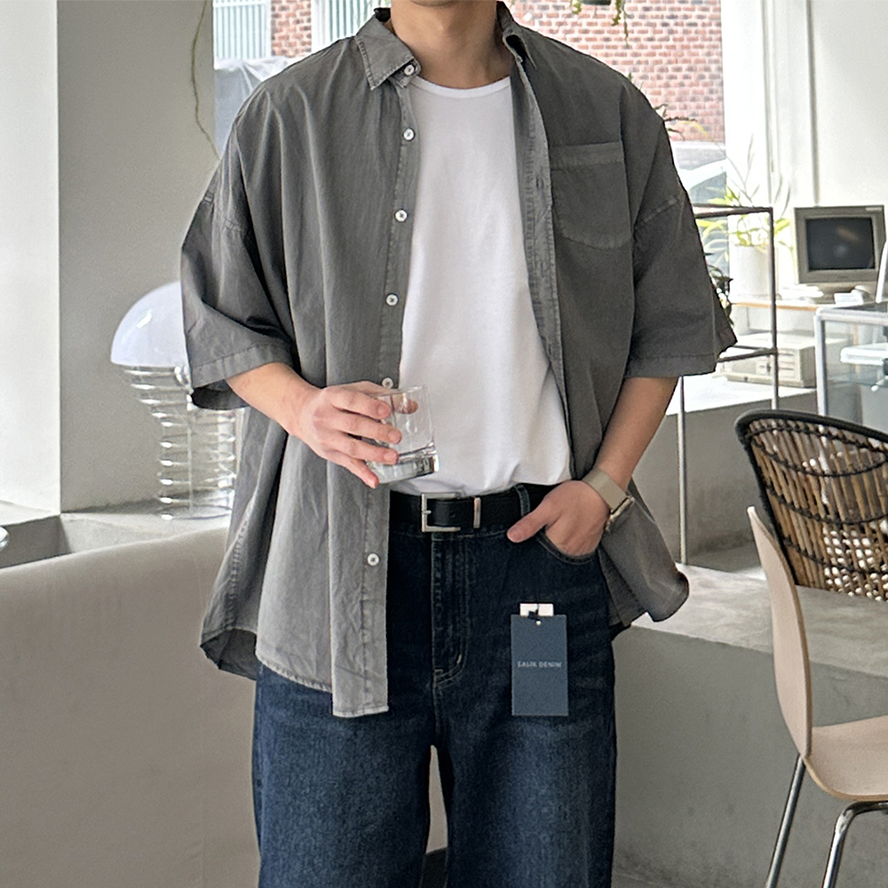 남자 반팔셔츠 오버핏 커플 여름 남방 피그먼트 남자 셔츠 - 상세 이미지 2