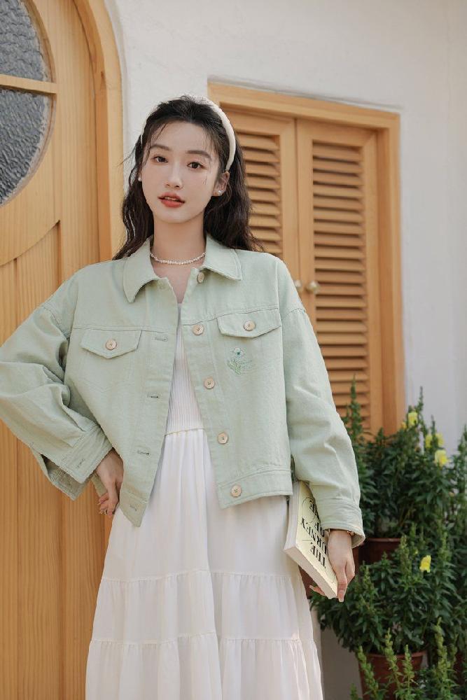 플라워 자수 카라 면자켓 여성 간절기 아우터 봄 가을 아이보리 라이트그린 - 상세 이미지 4