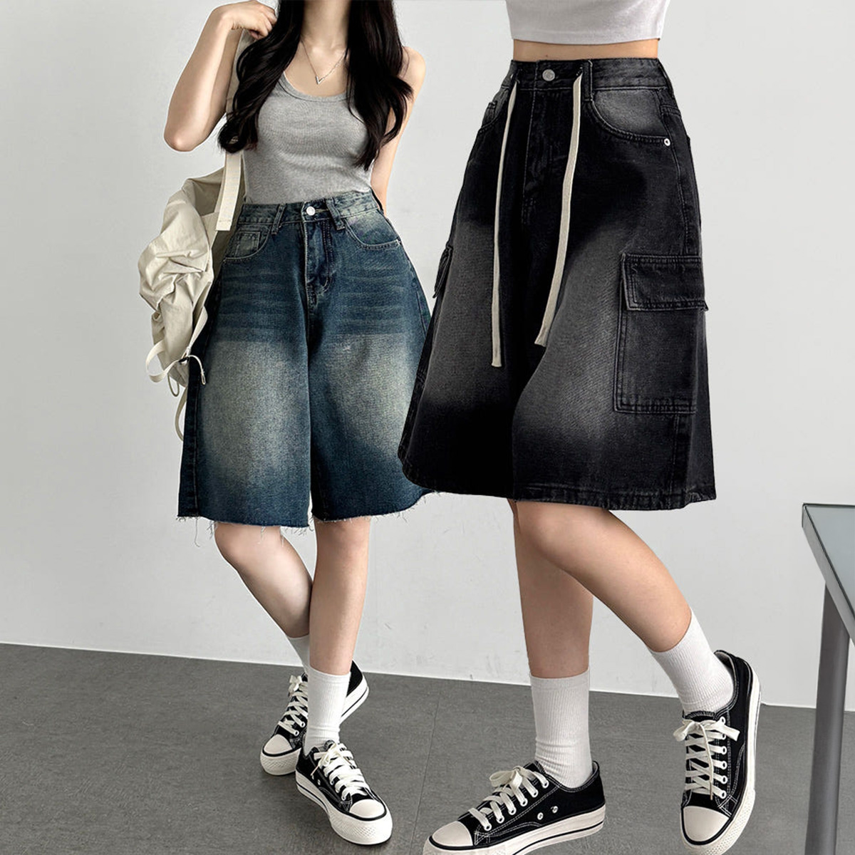 키작녀 와이드 청바지 버뮤다 팬츠 여름 반바지