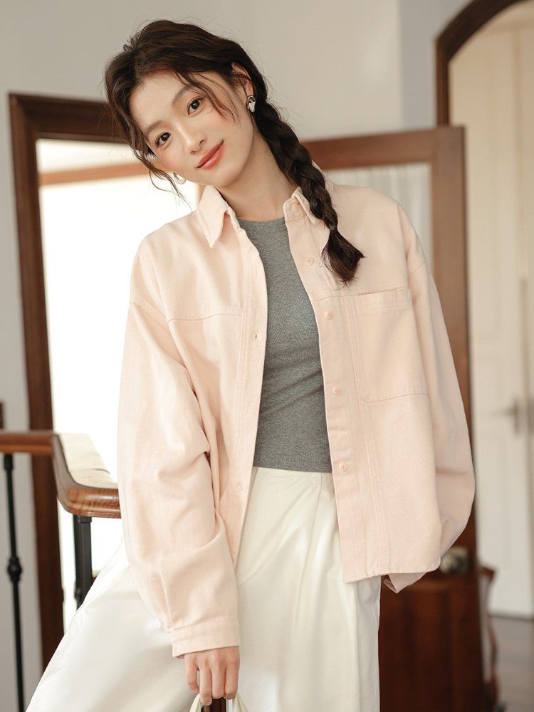 베이직 루즈핏 코튼 셔츠자켓 여성 간절기 아우터 봄 가을 아이보리 라이트핑크 - 상세 이미지 2