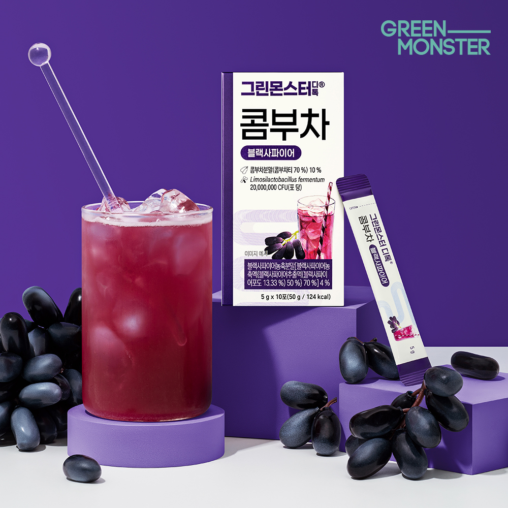그린몬스터 디톡 콤부차 블랙사파이어 20억 유산균 3박스+3박스 (총 6박스, 60스틱) (비건유산균 독일산유기농콤부차 달콤 청량 체중관리) - 상세 이미지 2