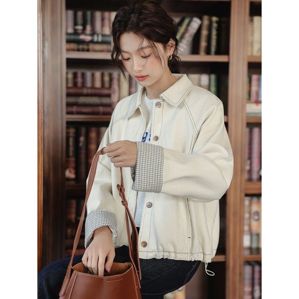 스티치 체크배색 코튼 면자켓 여성 간절기 아우터 봄 가을 아이보리 - 상품 이미지