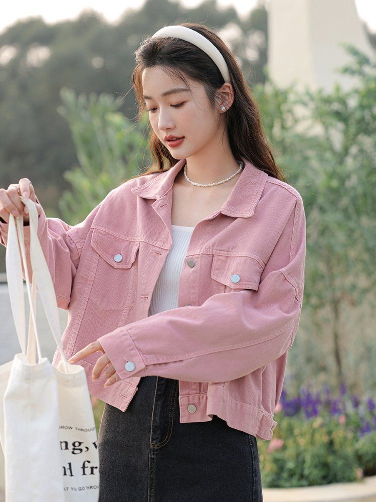 루즈핏 데님 코튼 면자켓 여성 간절기 아우터 봄 가을 애프리콧베이지 핑크 - 상세 이미지 4