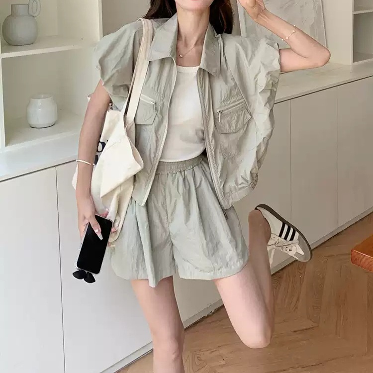 반팔 집업 셔츠 반바지 세트업 아노락 무드 캐주얼룩 그레이 그린 S - 상품 이미지