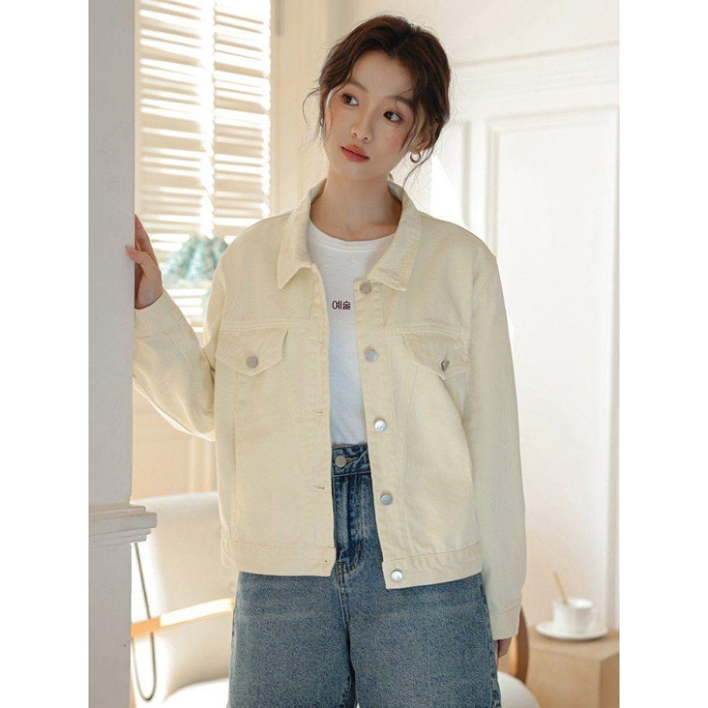 루즈핏 하트자수 데님 코튼 면자켓 여성 간절기 아우터 봄 가을 연노랑 - 상품 이미지