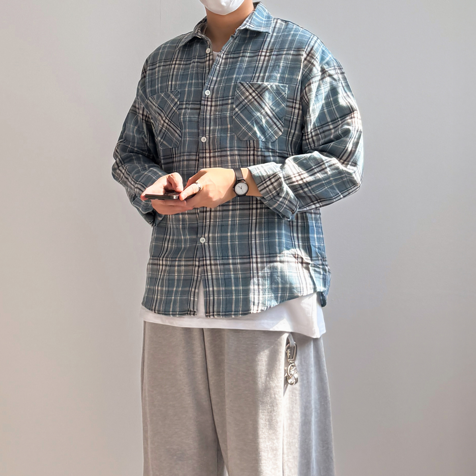 1+1 남성여름남방 남자체크남방 구김없는셔츠 - 메인 이미지