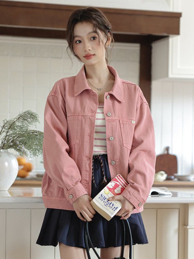 베이직 데님 코튼 면자켓 여성 간절기 아우터 봄 가을 핑크 아이보리 - 상세 이미지 4