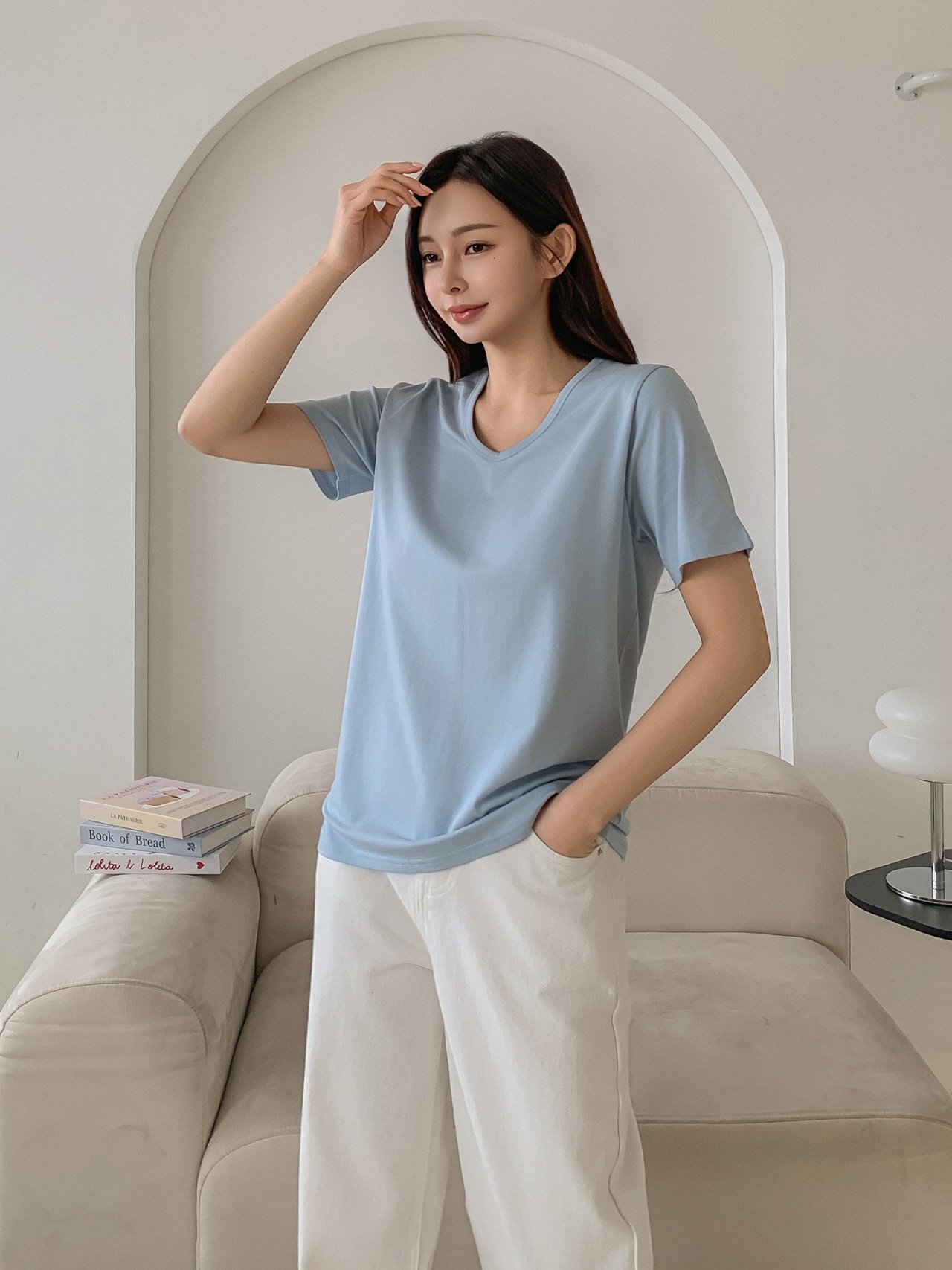 크렌 브이넥 티셔츠 유넥 반팔티 여성 흰티 기본 모달 스판 이너 봄 여름 - 상세 이미지 3