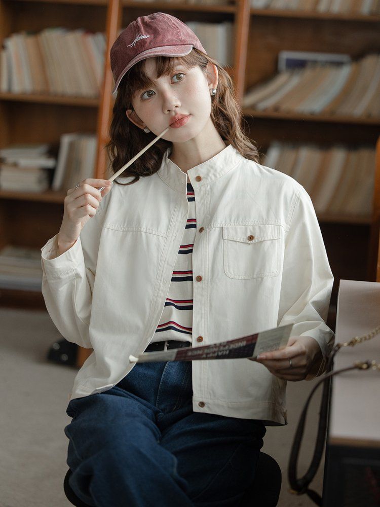 심플 스탠드카라 코튼 면자켓 여성 간절기 아우터 봄 가을 카키 아이보리 - 상세 이미지 2