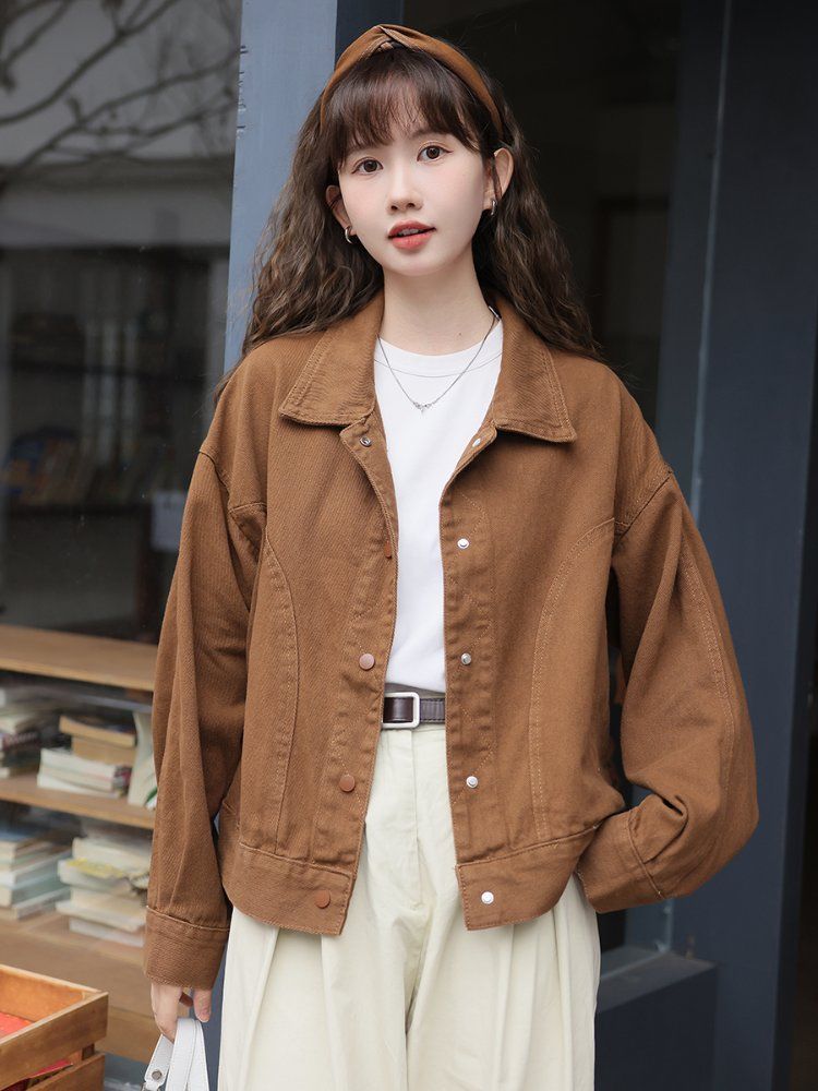 베이직 루즈핏 코튼 면자켓 여성 간절기 아우터 봄 가을 화이트 딥브라운 - 상세 이미지 4