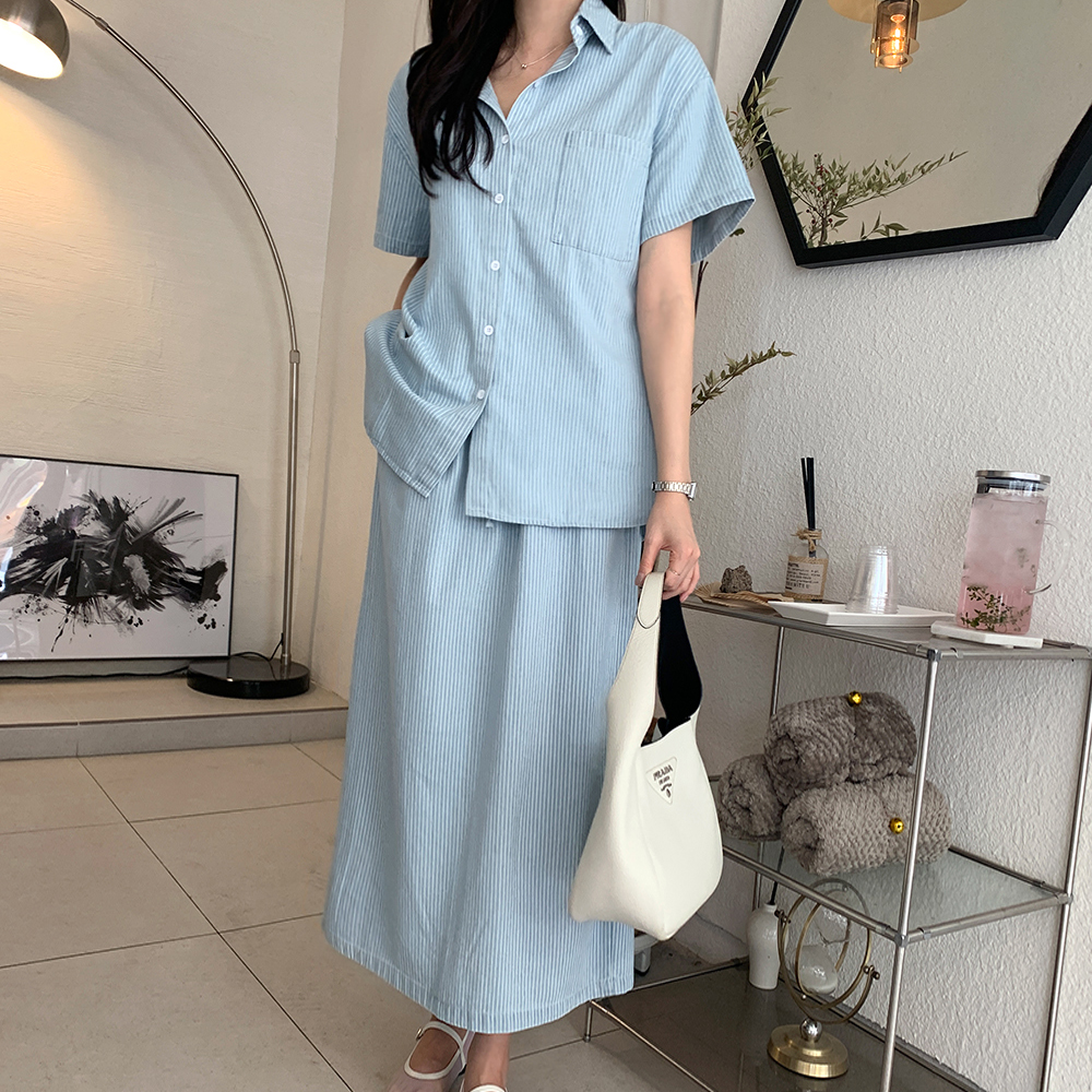 티비에 루즈핏 스트라이프 데님 셔츠 밴딩 롱스커트 세트 - 상세 이미지 4