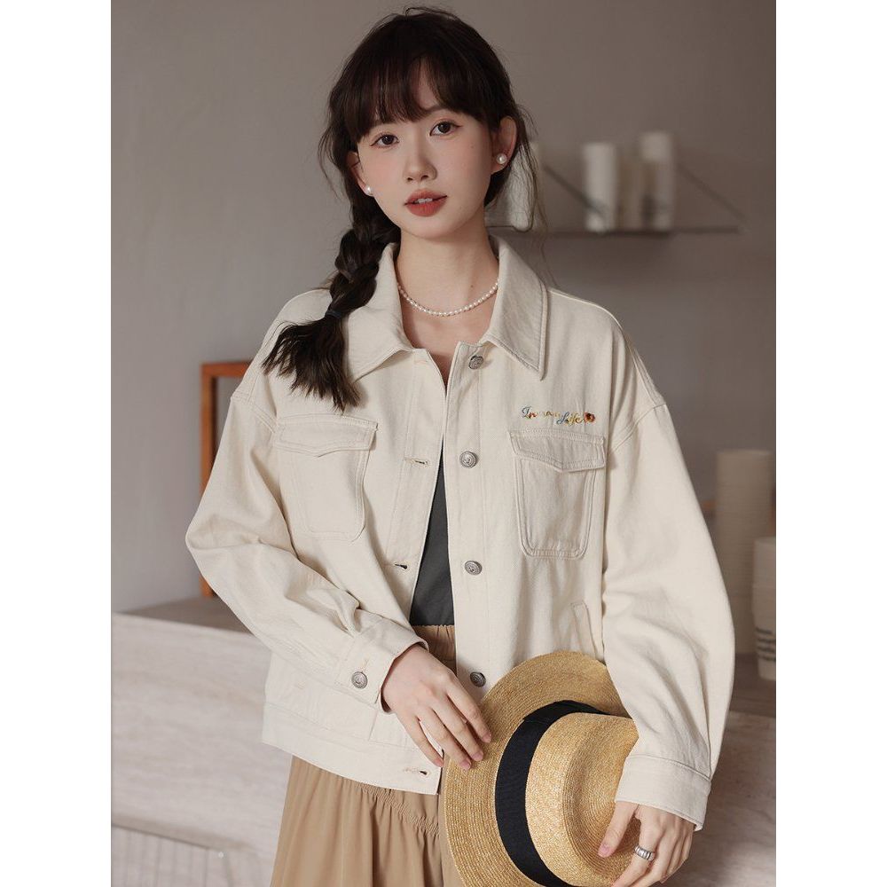 레터링 자수 루즈핏 데님 코튼 면자켓 여성 간절기 아우터 봄 가을 아이보리 - 상품 이미지