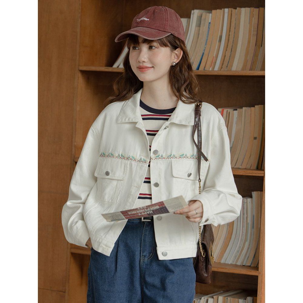 자수 포인트 루즈핏 여성 데님 청자켓 간절기 봄 가을 아우터 연청 아이보리