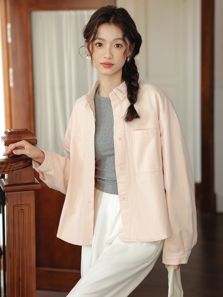 루즈핏 면 셔츠 자켓 포켓 카라 싱글 버튼 간절기 캐주얼 봄 가을 미백색 라이트핑크 - 상세 이미지 4