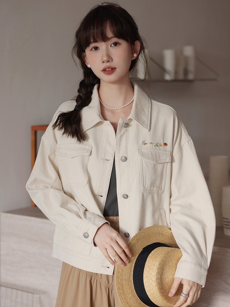 봄 가을 루즈핏 베이직 레터링 자수 포켓 코튼 면 데님 청자켓 간절기 아이보리 - 상세 이미지 2