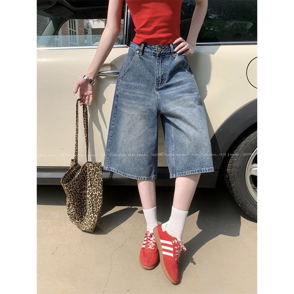 봄 여름 여성 하이웨스트 7부 칠부 와이드 데님 면 팬츠 바지 블루 화이트