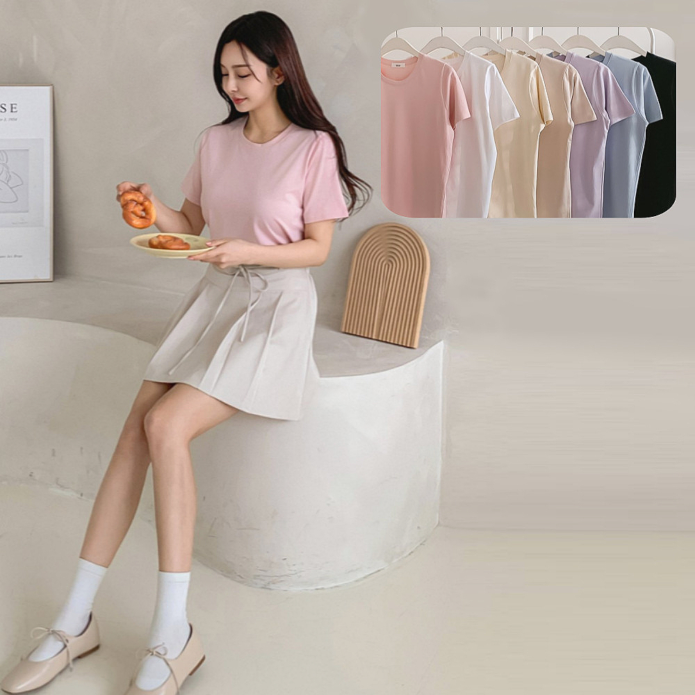 시즈 모달 스판 반팔 티 이너 기본 라운드넥 레이어드 여성 면 티셔츠 - 메인 이미지