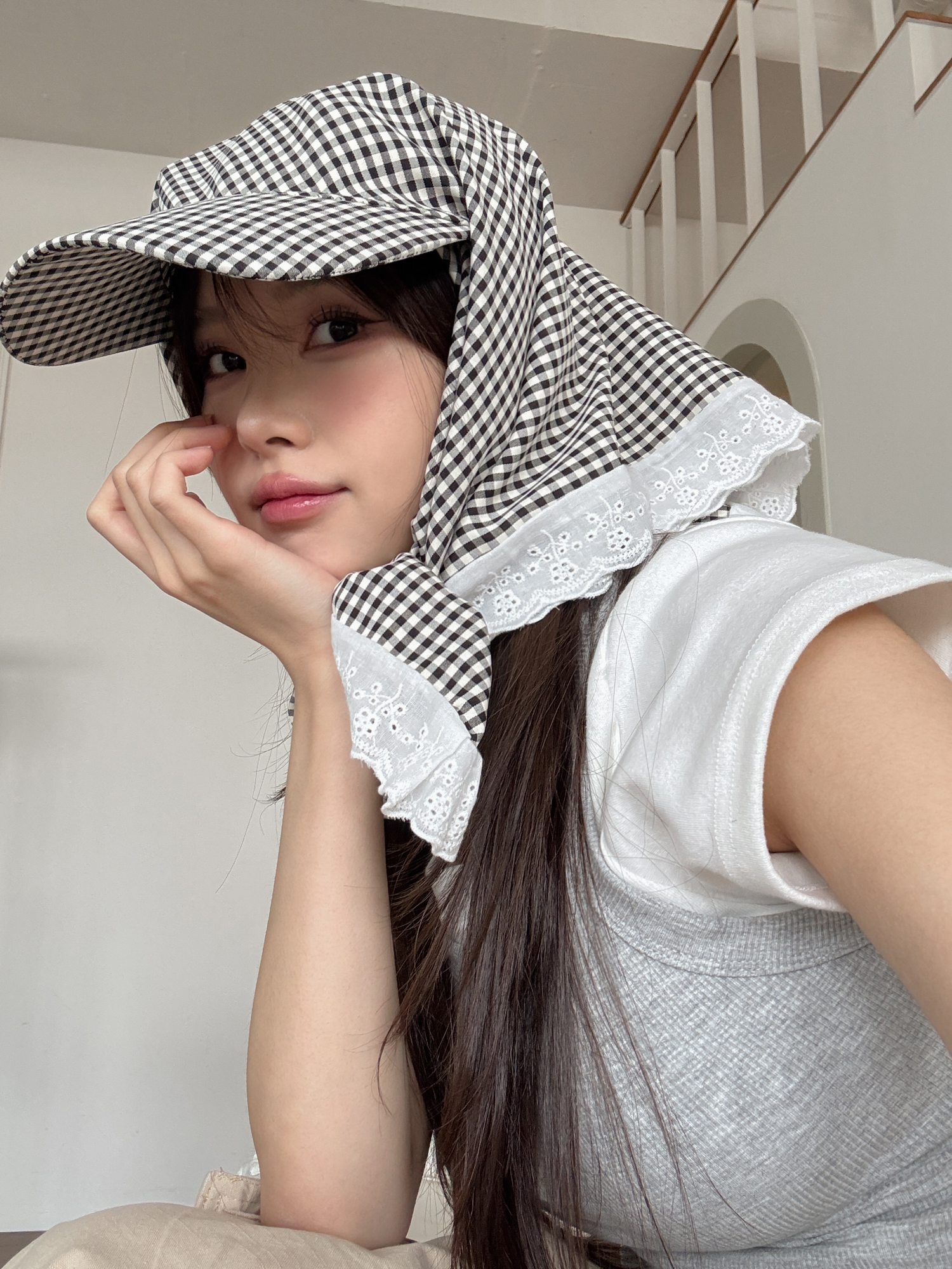 [❤당일출고❤] 파스텔 깅엄 체크 두건 스카프 자외선차단 캡 모자 5color 상세 이미지 18