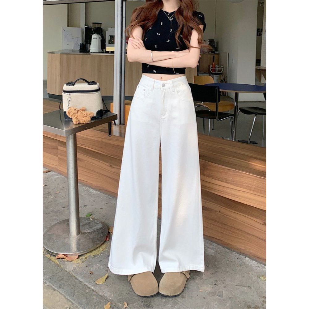 봄 가을 여성 하이웨스트 롱 와이드 면 팬츠 바지 화이트 - 상품 이미지
