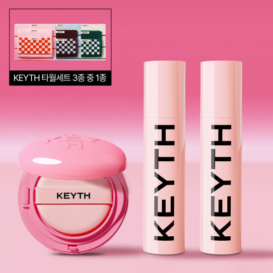 [KEYTH] 핑크 마그넷 쿠션 1개 + 데저트 선세럼 50ml2개 +타올 3종 세트 - 상품 이미지
