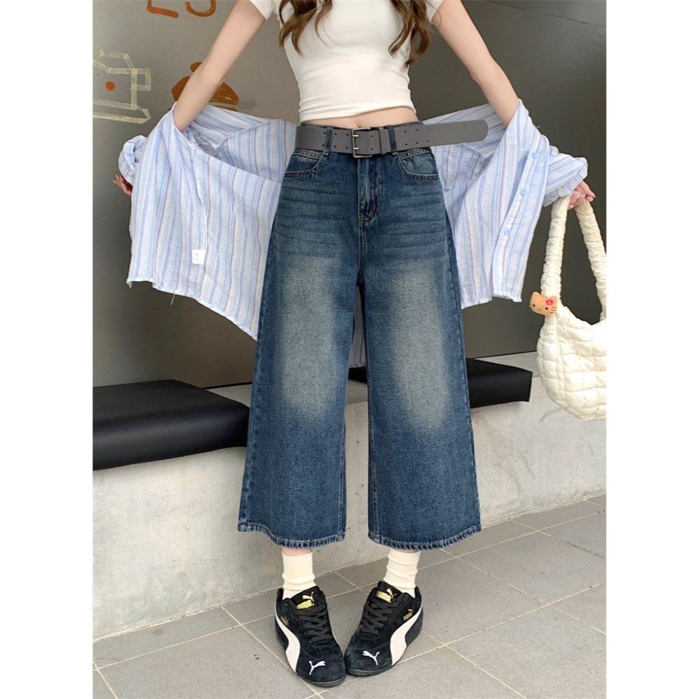 봄 여름 하이웨스트 8부 와이드 데님 청바지 팬츠 바지 진청 연청 - 메인 이미지