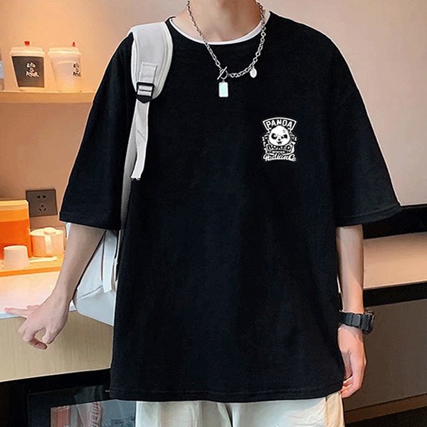 판다 레터링 루즈핏 반팔 티셔츠 IS- TS 62 여름 패션 반팔티 오버핏 데일리룩 - 상품 이미지