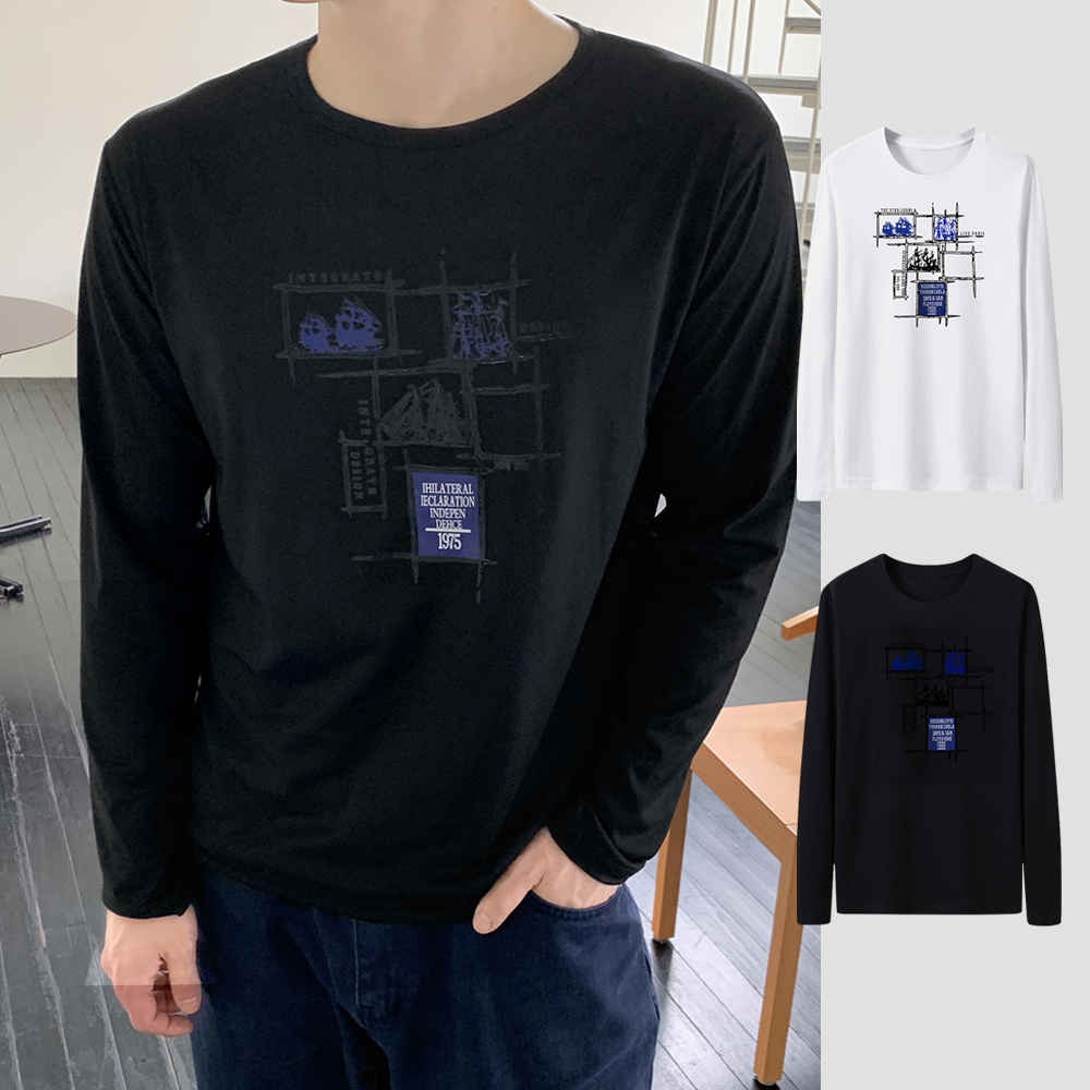 칼디오 레터링 티셔츠 남성 흰티 면티셔츠 라운드 남자면티 기본티 긴팔티 스판 기본면티 - 상품 이미지