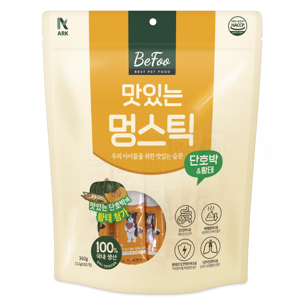 기호성 최상 영양소 듬뿍 반려견용 츄르간식 베푸 맛있는 멍스틱 단호박+황태, 360g, 1개 - 메인 이미지