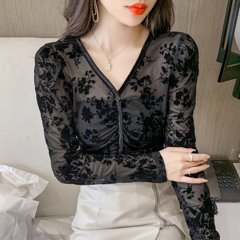 배색블랙플라워 섹시 슬림핏 시스루블라우스 스판 셔링 레이어드망사블라우스 여자여자몰 이미지 7