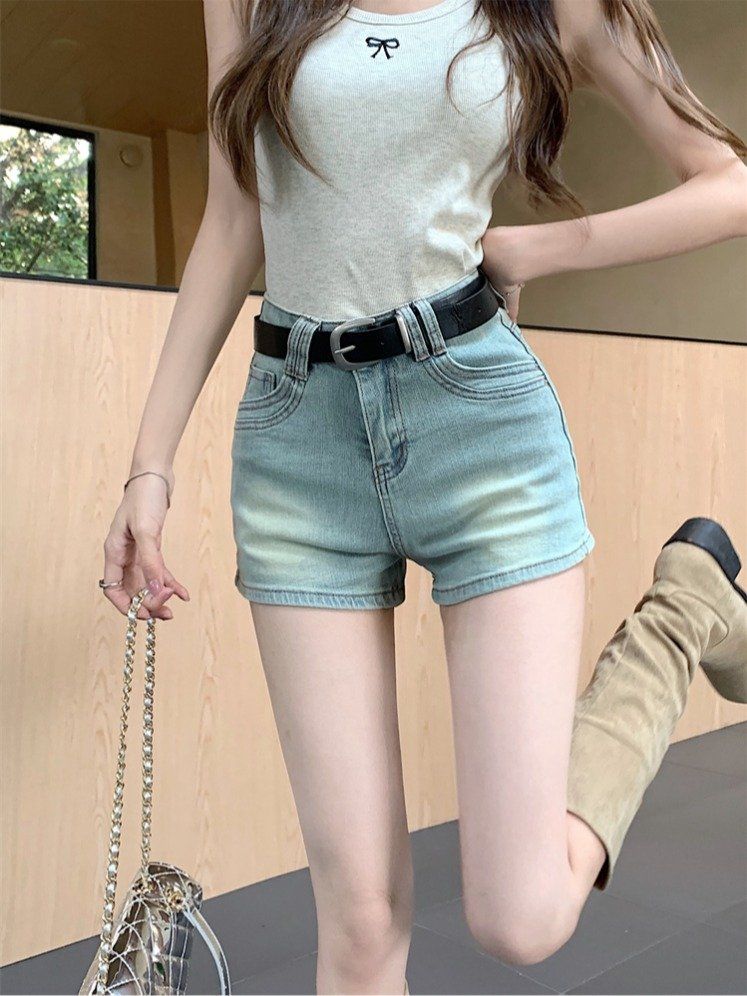 봄 여름 하이웨스트 워싱 숏팬츠 핫팬츠 데님 청반바지 연청 - 상세 이미지 3
