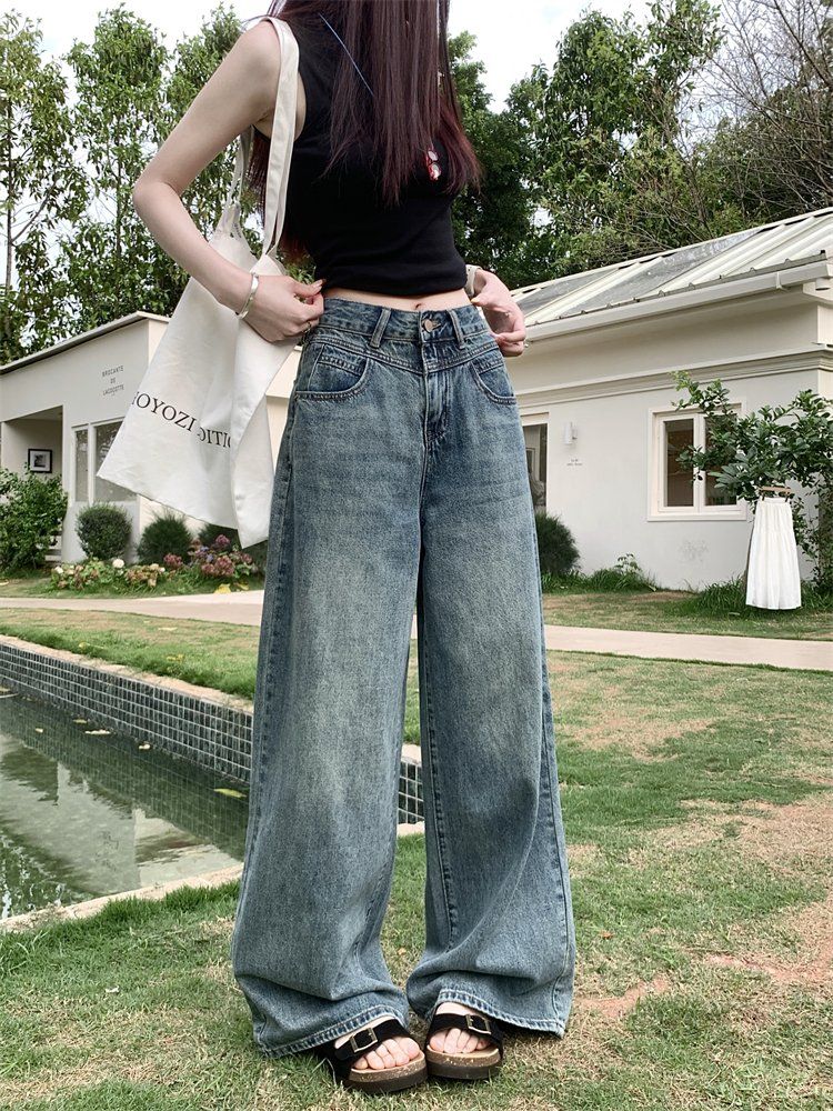 봄 가을 여성 하이웨스트 롱 와이드 데님 청바지 팬츠 바지 중청 - 상세 이미지 4