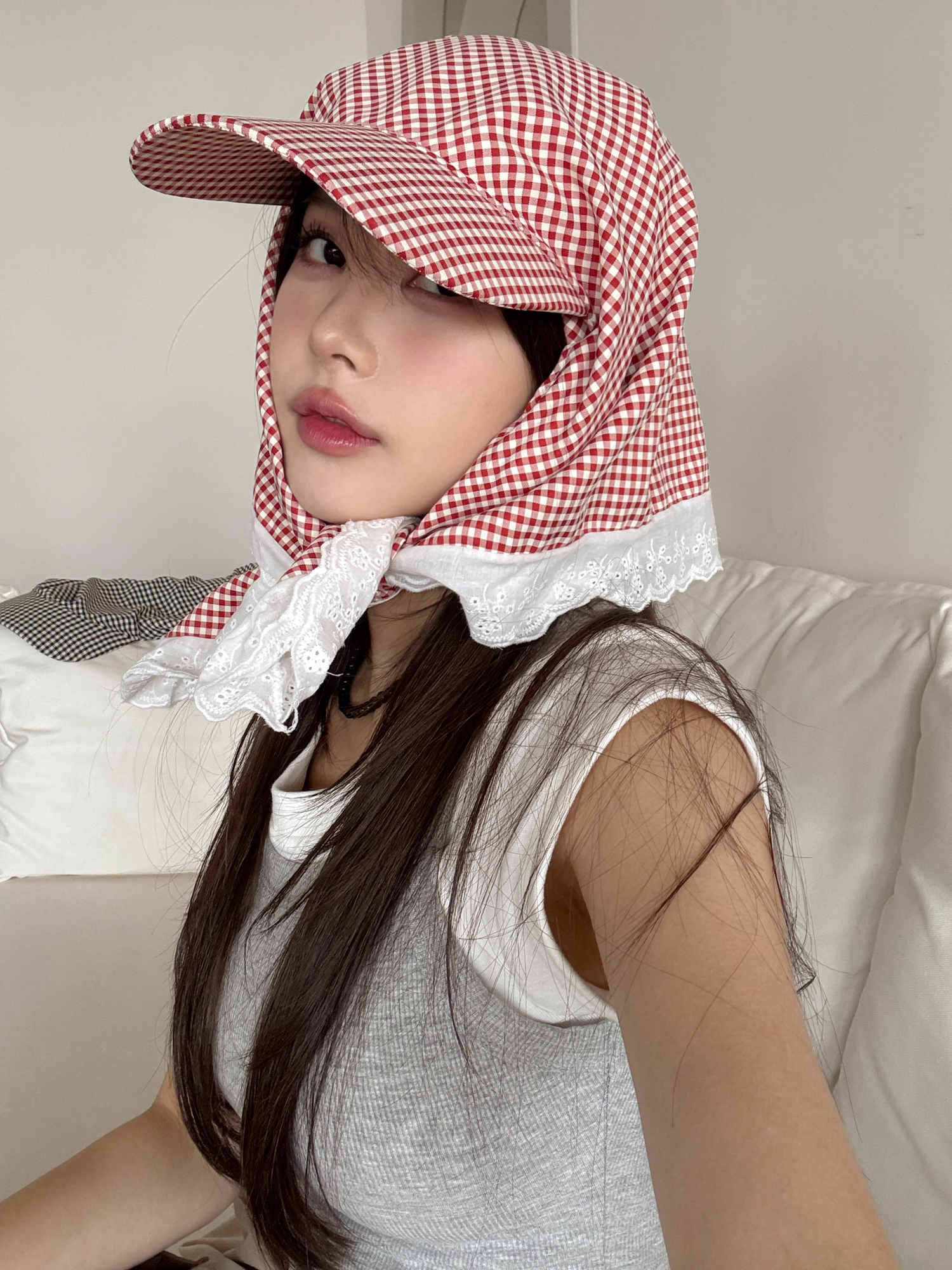 [❤당일출고❤] 파스텔 깅엄 체크 두건 스카프 자외선차단 캡 모자 5color 상세 이미지 10
