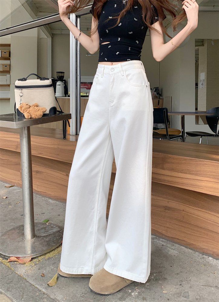 봄 가을 여성 하이웨스트 롱 와이드 면 팬츠 바지 화이트 - 상세 이미지 4