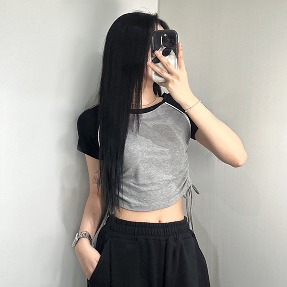 여성 옆 셔링 나그랑 티 배색 크롭 반팔 티셔츠 3color 라글란 핑크 소라 그레이 - 상품 이미지