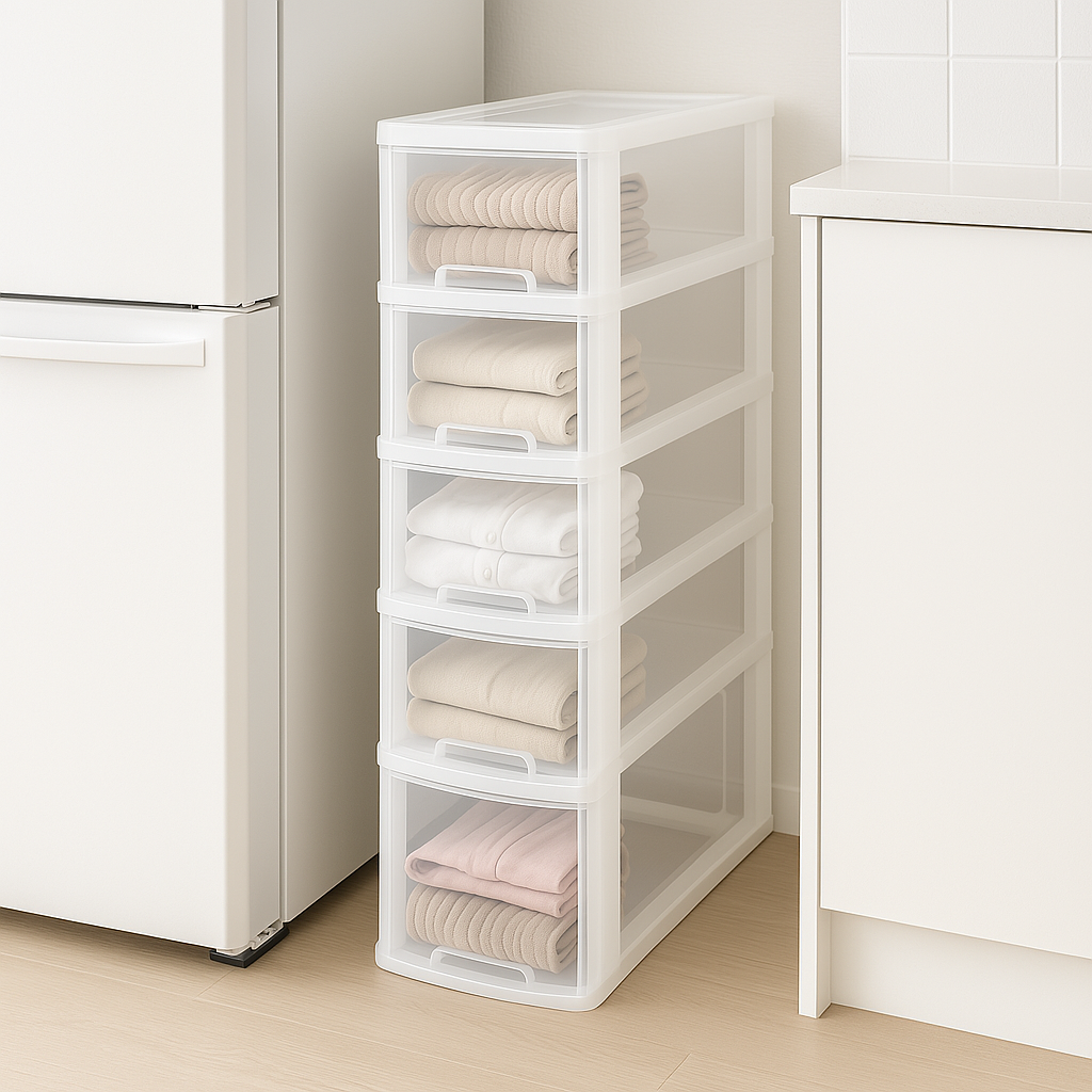 틈새수납장 폭좁은 수납장 거실 베란다 모듈 다용도 슬림 로로 서랍장 5단 투명