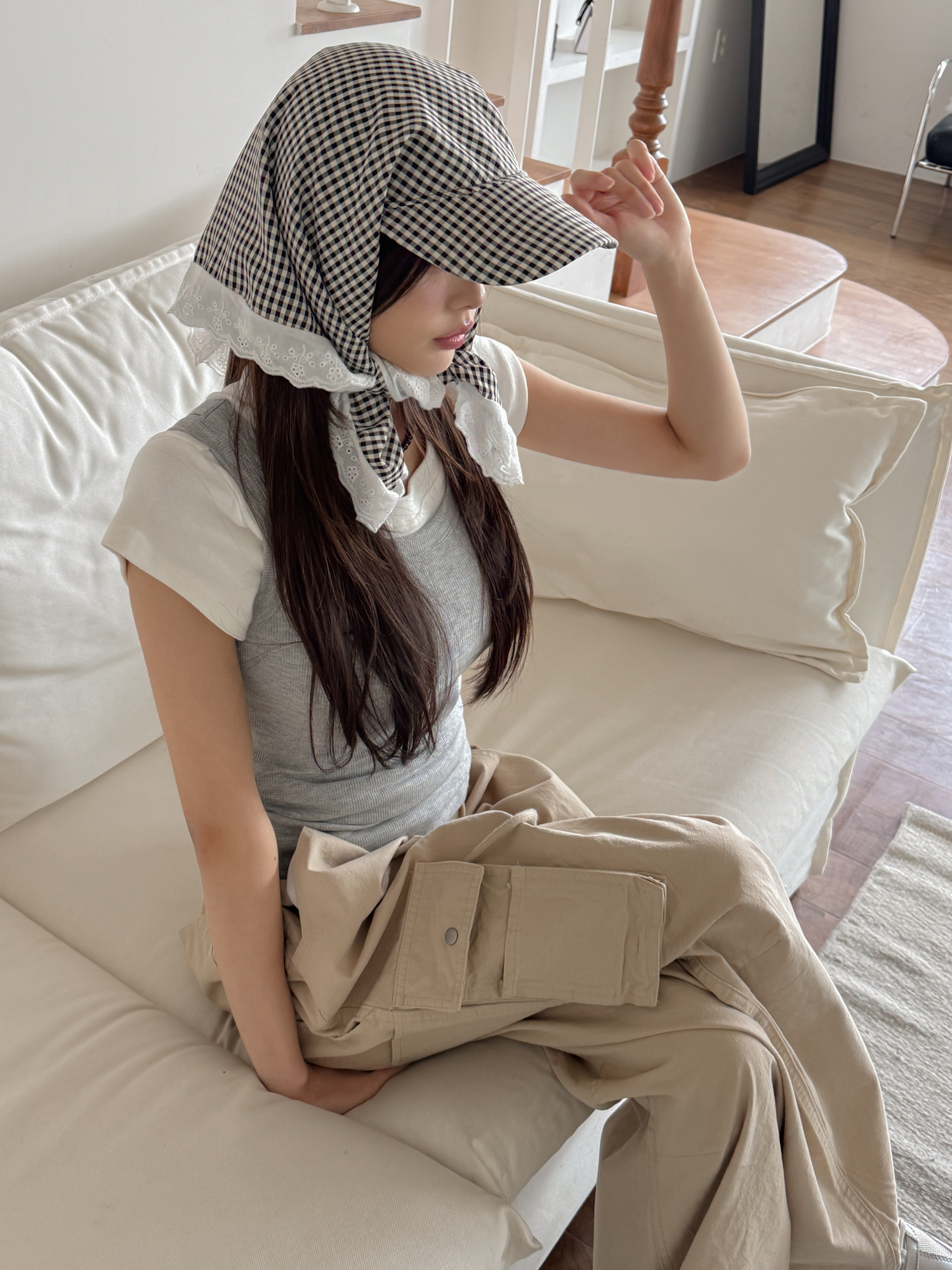 [❤당일출고❤] 파스텔 깅엄 체크 두건 스카프 자외선차단 캡 모자 5color 상세 이미지 19