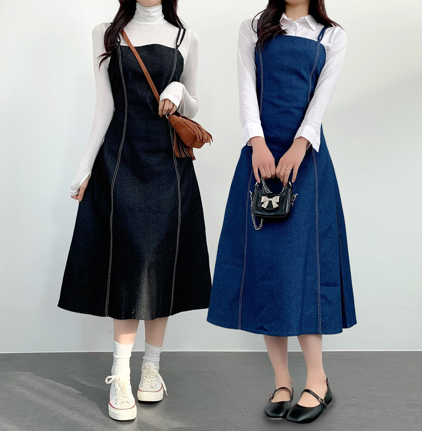 여성 레이어드 원피스 키작녀 데님 원피스 뷔스티에 나시 원피스