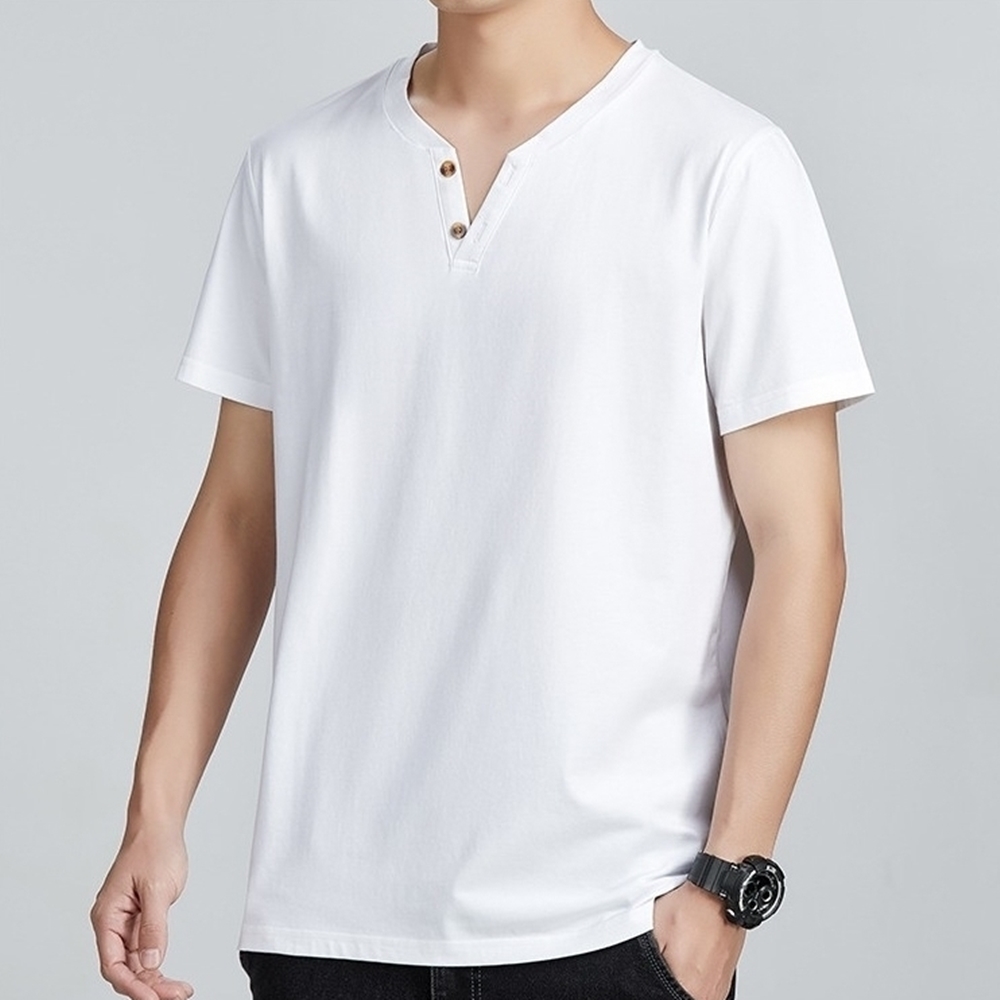 어깨 넓어 보이는 V넥 단추 반팔 티 무지 반팔티 면반팔티 브이넥 티셔츠 무지면티 여름 - 상품 이미지