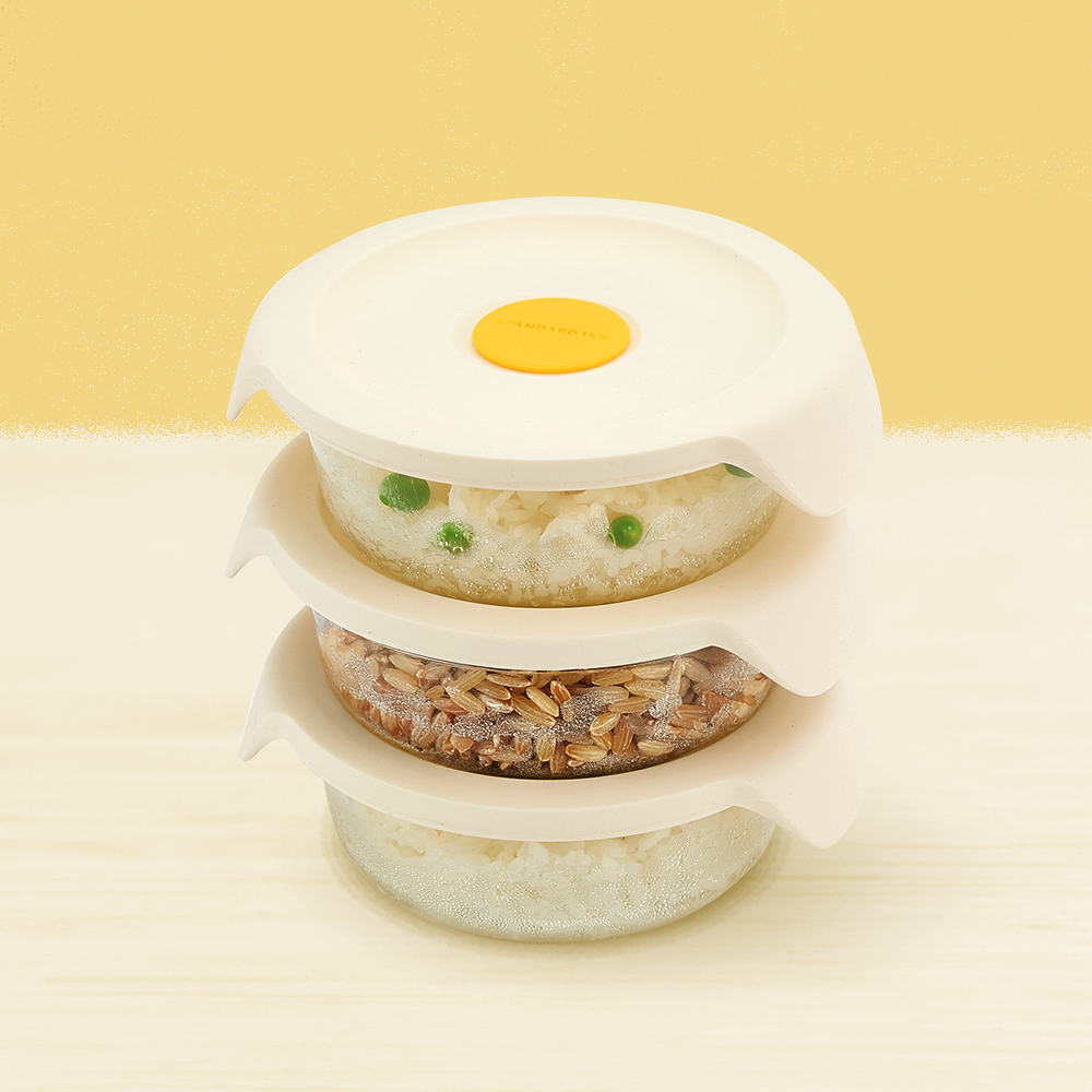 스탠다드145 간편한끼 냉동밥용기 원형 유리 밀폐용기 390ml 3P 1세트 스팀홀 실리콘뚜껑
