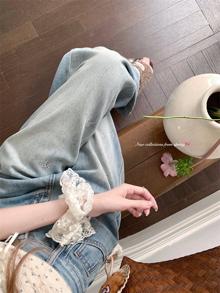 봄 가을 여성 하이웨스트 자수 롱 와이드 데님 청바지 팬츠 연청 - 상세 이미지 2