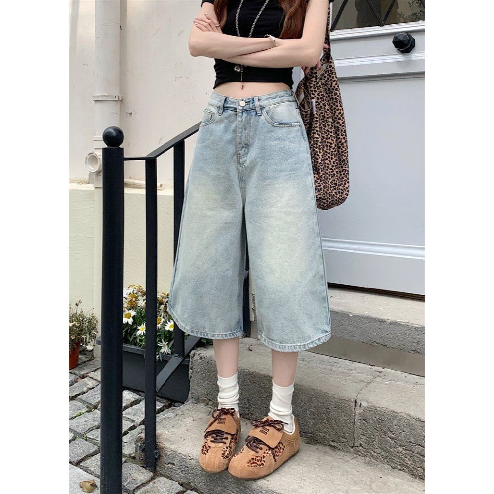 봄 여름 여성 하이웨스트 7부 칠부 와이드 데님 청바지 팬츠 연청