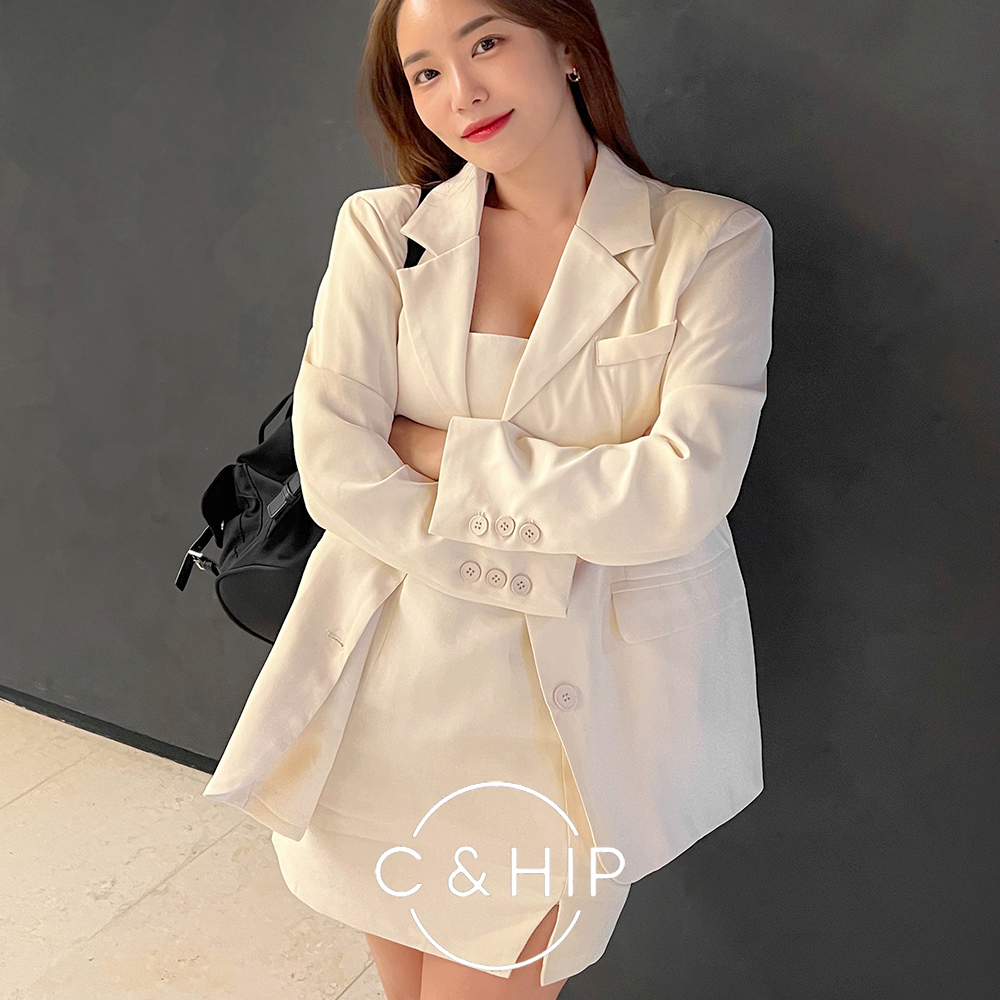 자켓 원피스 세트 오버핏 패드 하객룩 데일리 끈나시 트임 미니원피스 5color - 상세 이미지 3