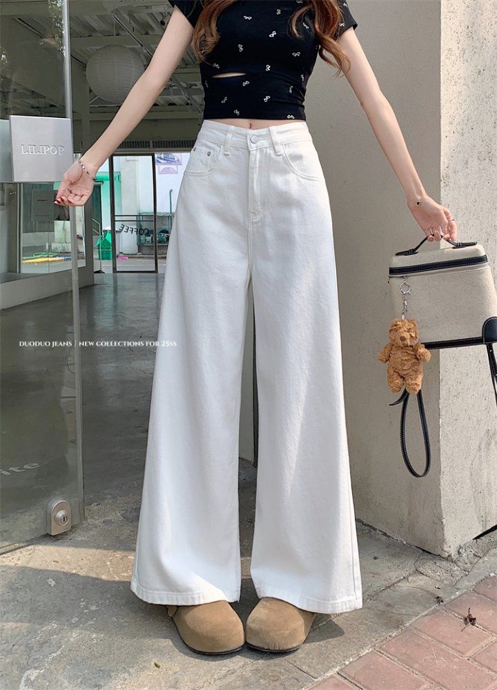 봄 가을 여성 하이웨스트 롱 와이드 면 팬츠 바지 화이트 - 상세 이미지 2