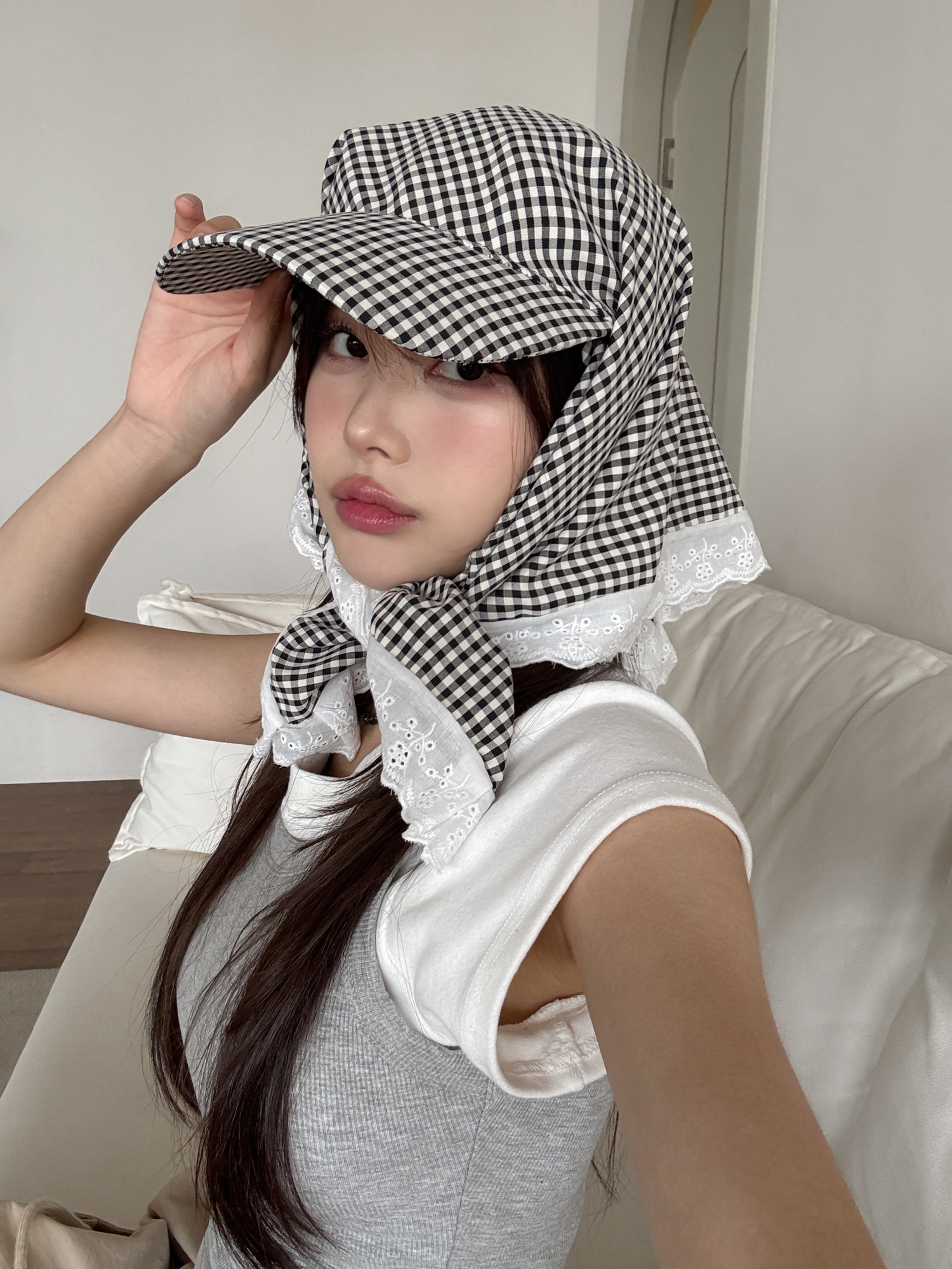[❤당일출고❤] 파스텔 깅엄 체크 두건 스카프 자외선차단 캡 모자 5color 상세 이미지 16