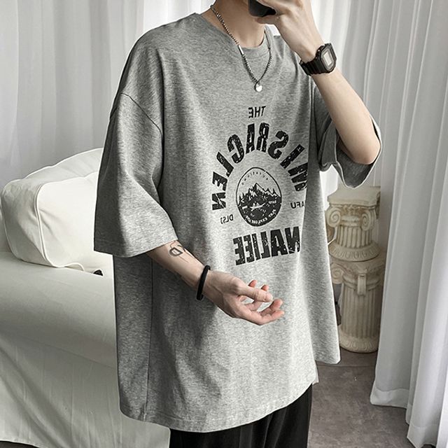 데일리 오버핏 프린팅 반팔 티셔츠 남성 패션 라운드 - 메인 이미지