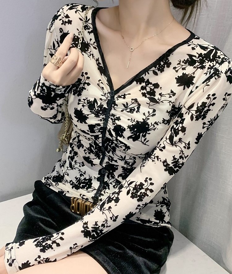 배색블랙플라워 섹시 슬림핏 시스루블라우스 스판 셔링 레이어드망사블라우스 여자여자몰 - 상세 이미지 2