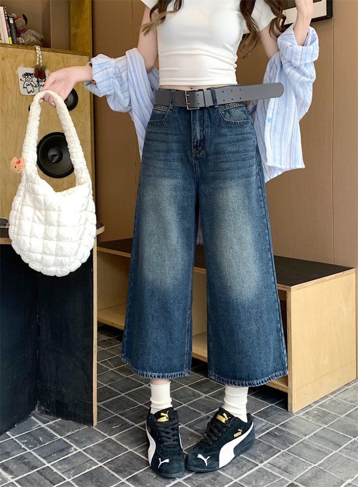 봄 여름 하이웨스트 8부 와이드 데님 청바지 팬츠 바지 진청 연청 - 상세 이미지 2