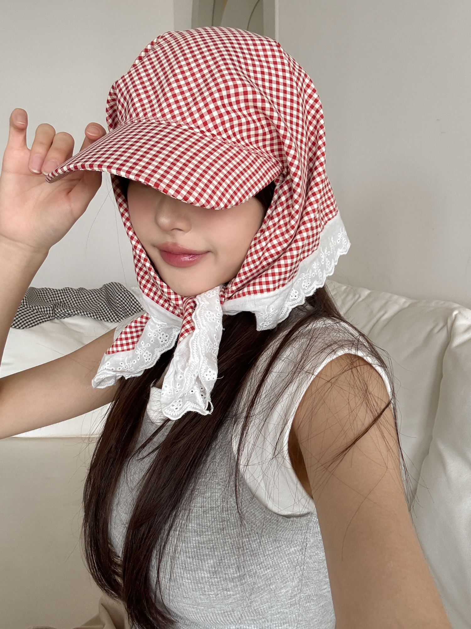 [❤당일출고❤] 파스텔 깅엄 체크 두건 스카프 자외선차단 캡 모자 5color 상세 이미지 9