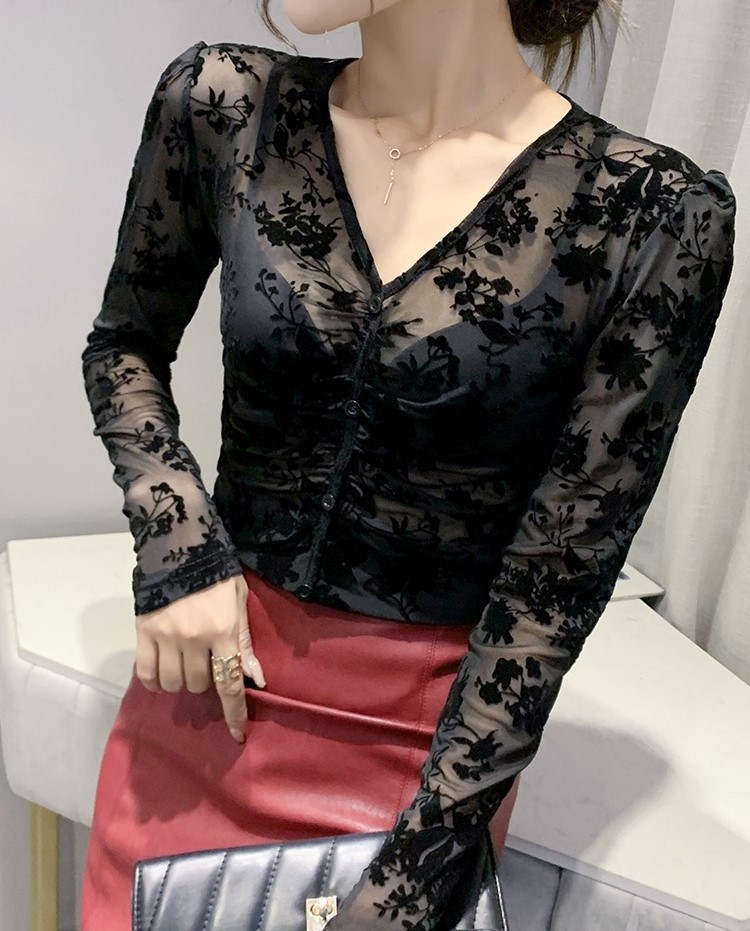 배색블랙플라워 섹시 슬림핏 시스루블라우스 스판 셔링 레이어드망사블라우스 여자여자몰 - 상세 이미지 3