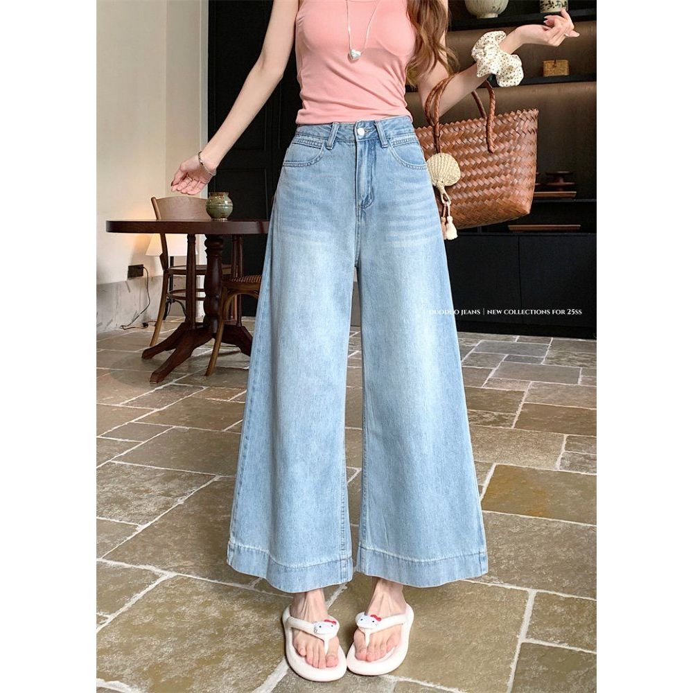 봄 여름 데일리 9부 하이웨스트 와이드 데님 팬츠 연청 - 상품 이미지